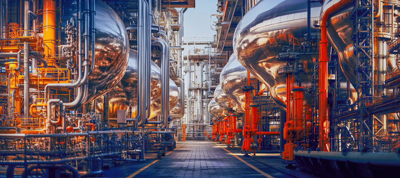chemical industry architecture with pipes and vessels, refinery, oil, gas, biology, banner, panorama, background, generative ai