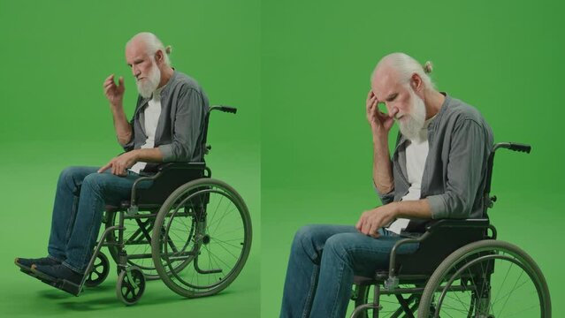 2-in-1 Split Green Screen Montage. A Sad Old Man in a Wheelchair Feeling Lonely.Community and Social Support for Elderly People in Wheelchairs. Mental Health of the Elderly.
