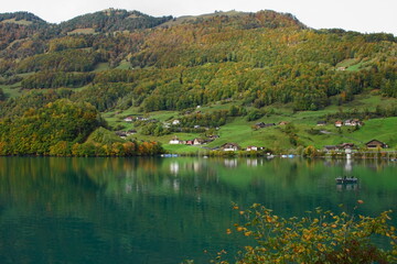 Fishing on Lake Lungern (also known as Lungerersee or Lungernsee) where the water is of drinking quality, Obwalden, Switzerland