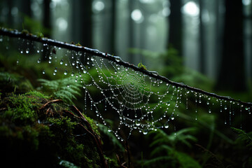 A dew-covered spiderweb, intricately woven between branches in a dense forest. Generative AI.