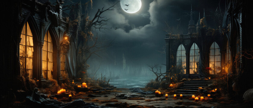 Halloween spooky background, scary pumpkins in old big creepy Happy Haloween ghosts horror house evil haunted castle scene. Creepy dark gothic mysterious night dark backdrop concept.