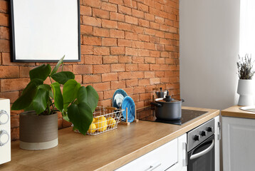 Wooden counters with electric stove, utensils and houseplant in modern kitchen