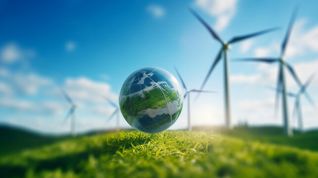 Globe, Wind Turbine Background, Green Energy and  Blue Sky Renewable energy - Generative AI