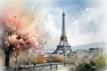 Foto op Canvas Watercolor painting of Eiffel Tower and blooming tree against Paris landscape. Generative AI © Natalia