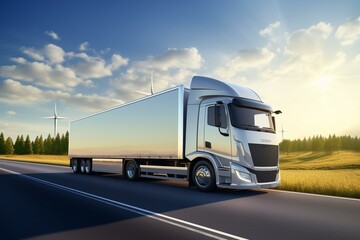 Sustainable electric trailer truck with hydrogen power, solar panels, wind turbines and clean energy. Ideal for commercial logistics transport. Generative AI