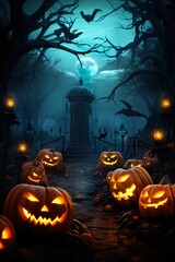 A Halloween Backdrop, Jack O' Lanterns in a Haunting Graveyard, Spooky Night | Generative AI