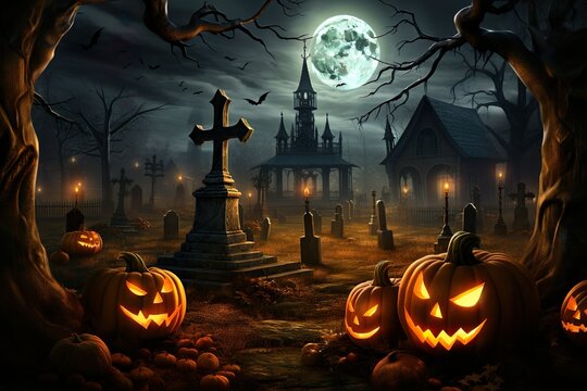 A Halloween Backdrop, Jack O' Lanterns in a Haunting Graveyard, Spooky Night | Generative AI