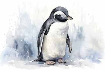 Watercolor illustration of a penguin in snow and ice in the winter.