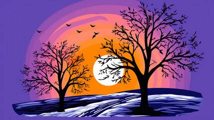 Free_vector_landscape_with_trees_against_a_sunset