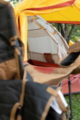 close up detail fabric and metal of camping foldable chair