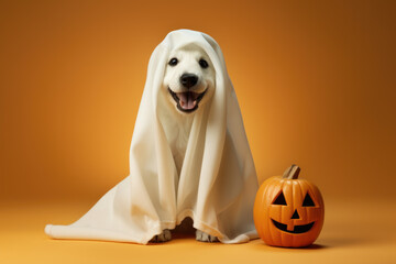 Funny puppy in ghost Halloween costume, cute pet and pumpkin