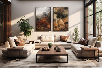 Home interior design, luxury modern living room with paintings