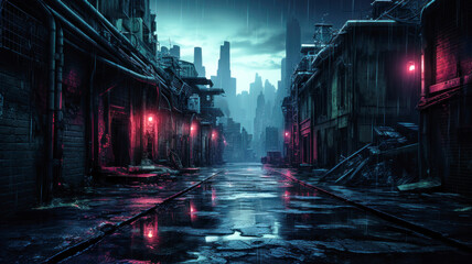 Dark street in cyberpunk city, gloomy dirty alley in rain at dusk