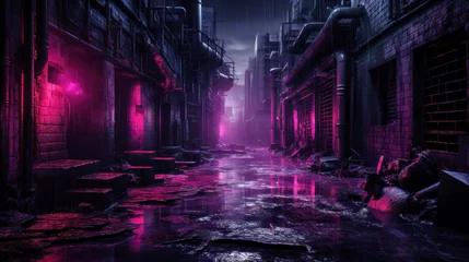 Foto op Canvas Dark street in cyberpunk city, gloomy alley with neon light in rain © karina_lo