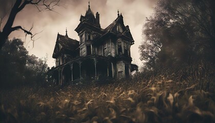 Obraz premium halloween background, digital illustration of victorian haunted house with candlelight in the window in a dense spooky forest
