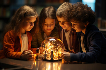 Young minds light up as they assemble simple circuits and watch as a small light bulb illuminates, experiencing the magic of electricity. Concept of Circuit Creation. Generative Ai.