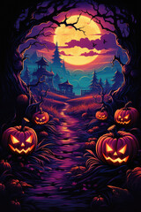 Fototapeta premium Happy Halloween background spooky scene, creepy dark night with moon, pumpkins and spooky trees on graveyard ghosts horror gothic evil cemetery landscape. Mysterious night moonlight backdrop.