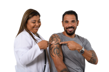 a female doctor and a man point to the sticker on his arm showing that he has been vaccinated. adult vaccination. on a white background
