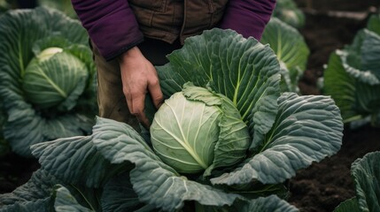 Hands holding ripe cabbage in the field. Organic food, harvesting and farming concept.