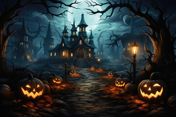 Fototapeta na wymiar Halloween spooky background, scary jack o lantern pumpkins in creepy dark forest with bats, spooky trees and moon, Happy Haloween ghosts horror gothic mysterious night moonlight backdrop.