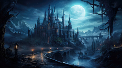 Fototapeta premium Dark Gothic castle in mountains on Halloween night, spooky view