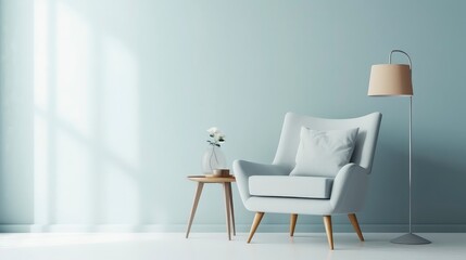 Minimalist living room interior with chair and table. Copy space. Space for text