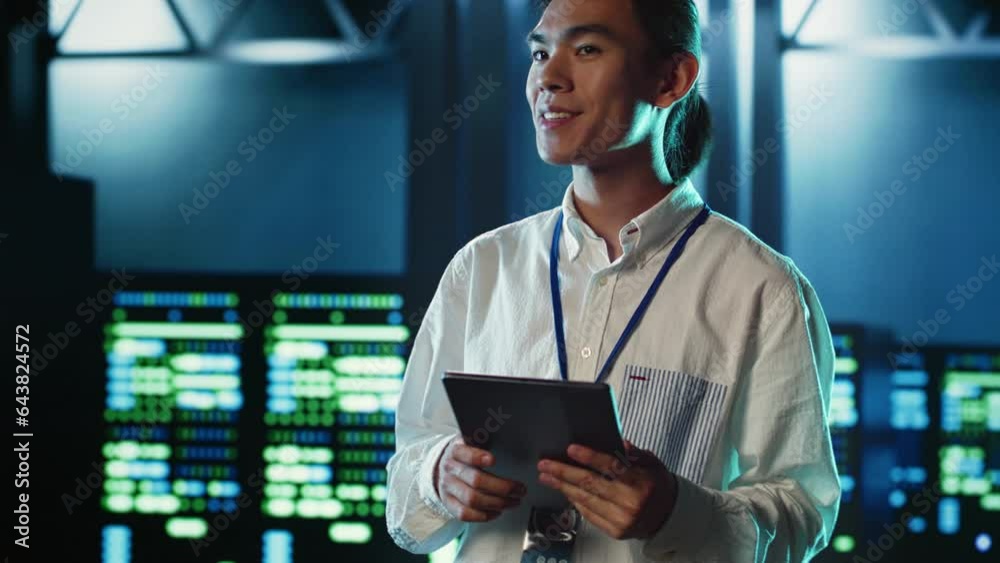Poster licensed programmer strolling through server rows providing processing resources for different workl
