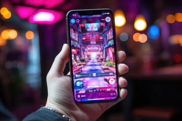 A close-up of a person's hand displaying an esports-themed smartphone with gaming apps. Generative Ai.