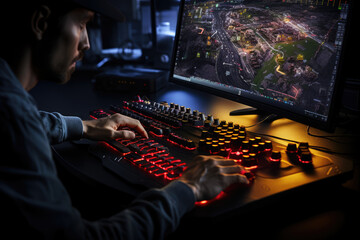 A close-up of a person's hand adjusting the settings on a curved gaming monitor for immersive gameplay. Generative Ai.
