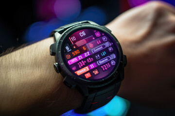 Fototapeta premium A close-up of a person's hand displaying an esports-themed smartwatch with gaming notifications. Generative Ai.