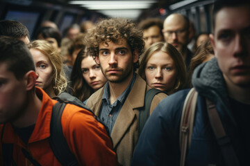 A diverse group of people commuting in a crowded subway, depicting the challenges of urban transportation. Generative Ai. - Powered by Adobe