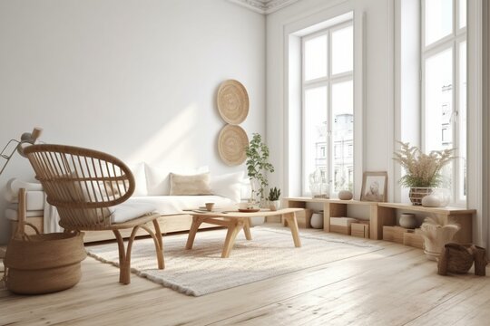 3D-rendered white room with wooden furniture in scandi-boho style. Generative AI