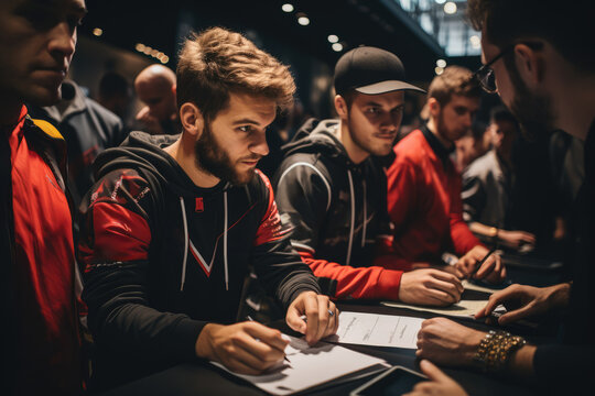 Professional esports players signing autographs for fans at a gaming convention. Generative Ai.
