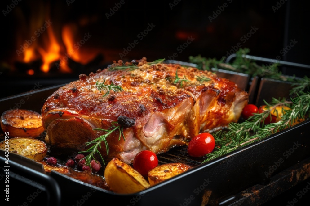 Wall mural Christmas food, baked pork. Preparing for a festive dinner. Merry christmas and happy new year concept. - Wall murals