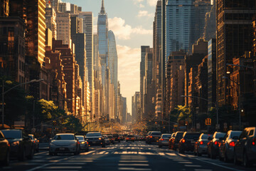 Skyscrapers casting shadows on a crowded city street, highlighting the contrast between light and shadow in urban life. Generative Ai.