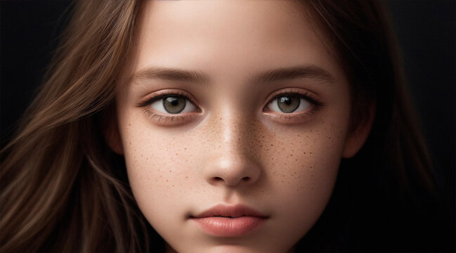 Portrait photo of girl with green eyes freckles, close up, beautiful picture