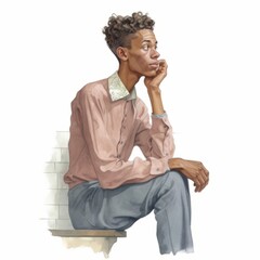 Black young man in thinking and doubts illustration. Male hipster character with dreamy face on abstract background. Ai generated soft colored drawn poster.