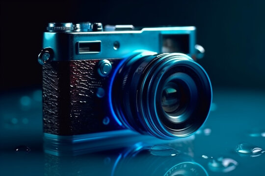 Vintage Camera in Blue Glow Lightning background