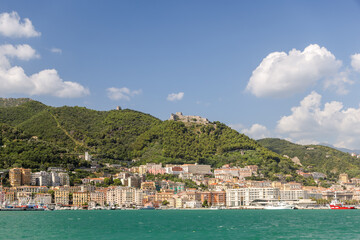 Amalfi Coast, Italy - July 27, 2023: Views of the shoreline and marina of Salerno
