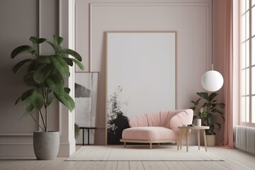 Minimalist living room with a vertical poster frame, modern interior, pink pouf, plant, and 3D rendering. Generative AI