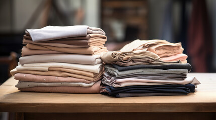 Generative AI, stacks of multi-colored cotton fabric, clean clothes after dry cleaning, tailor workshop, shirt shop, silk material, linen clothes, natural colors, soft textile, space for text