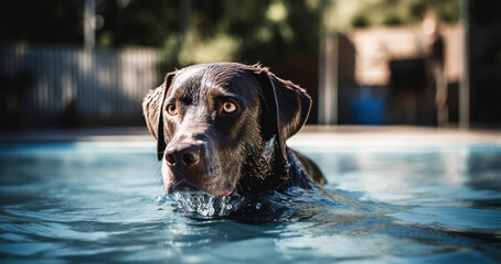 Dog swimming in the pool on sunny day. Generative AI. - obrazy, fototapety, plakaty