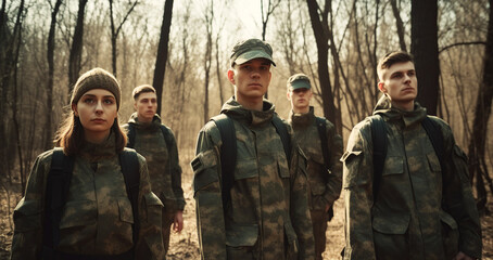 Fototapeta premium Group of young soldiers in military uniform. Generative AI.