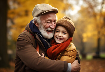 Fototapeta premium happy grandfather with grandson hugging and laughing, family and love concept