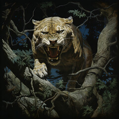 sabertooth cat in a tree, stalking a hunter, nighttime, overcast
