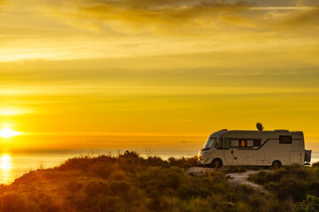 Caravan on nature in the morning at sunrise