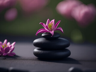 Obraz na płótnie Canvas Lily and spa stones in zen garden. Stack of spa massage stones with pink flowers on defocused wellness background. Copy space.