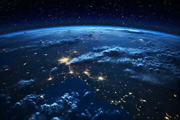 Detailed view of Central Africa at night from space, with city lights, clouds, moon, and the Milky Way. Generative AI