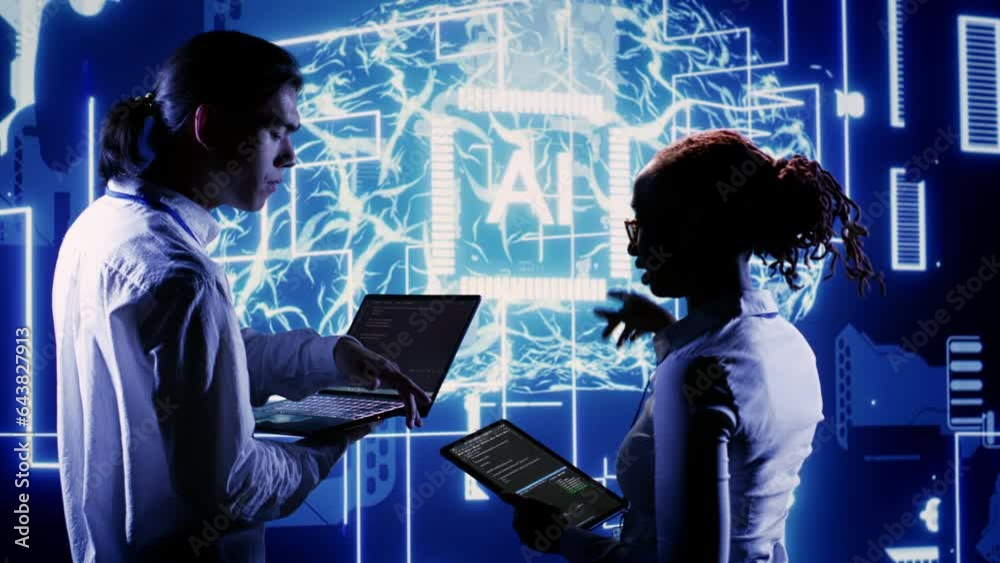 Fototapete African american engineer and coworker develop artificial intelligence neural networks architecture inspired by human brain, setting up AI machine learning algorithms using programming code on laptop
