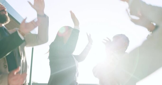 Teamwork, hands and applause with business team people in a huddle for motivation or celebration target together outdoor. Meeting, collaboration in a circle and support of an employee goal or target